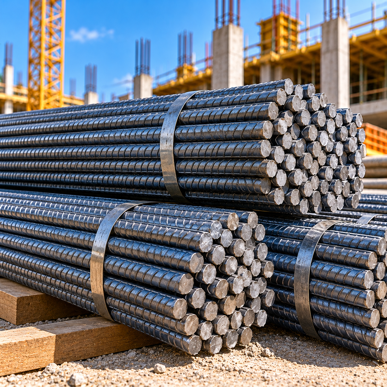 Stacked Steel Rebar at Construction Site